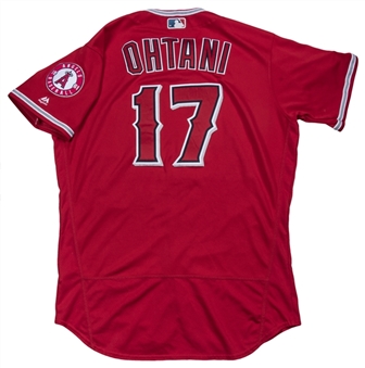 2018 Shohei Ohtani Rookie of Year Game Used Los Angeles Angels Red Alternate Jersey Photo Matched to 12 Games Including 4 Home Runs (MLB Authenticated & Sports Investors Authentication)
